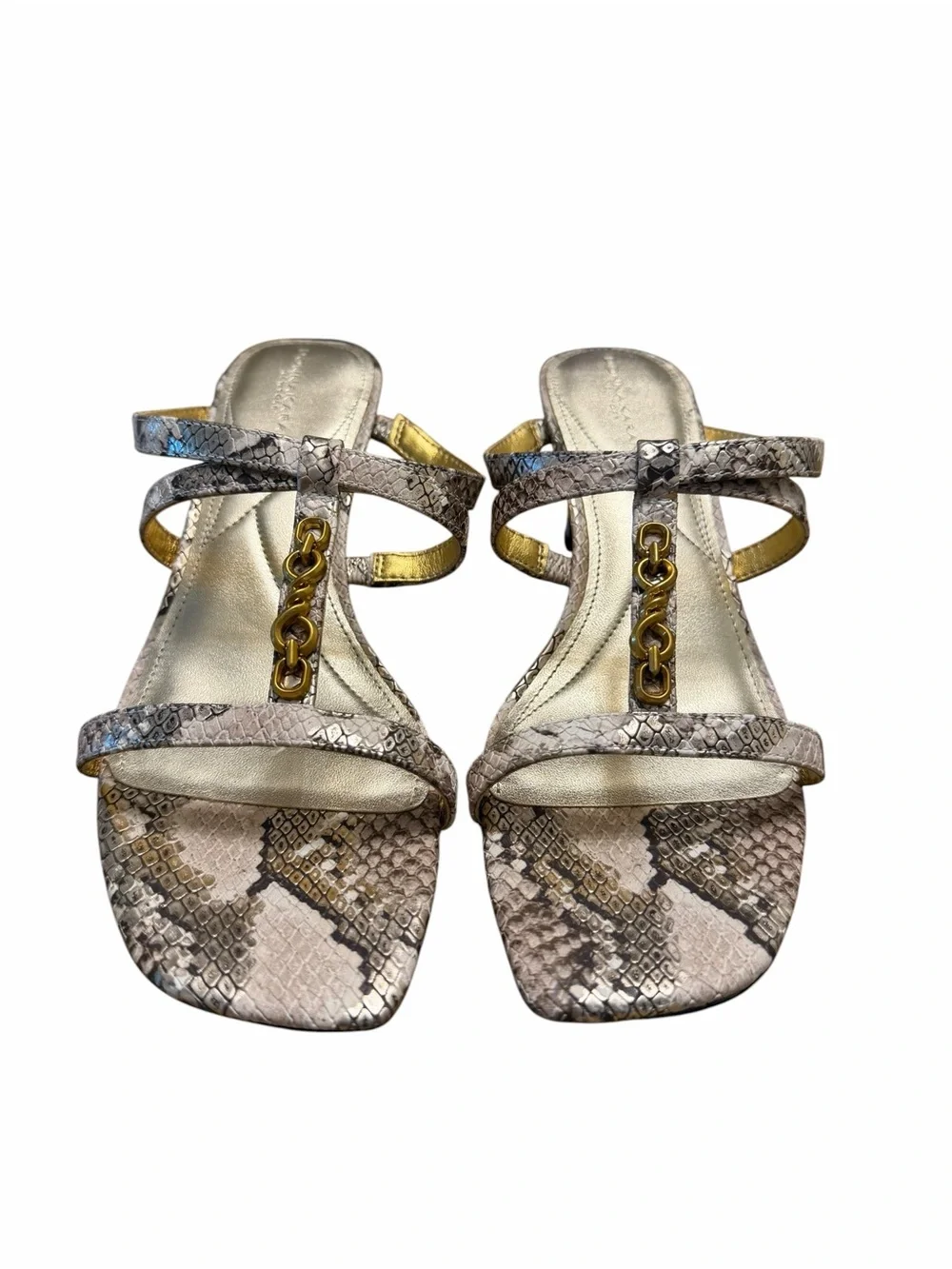 Donna Karan NY Snake Print Leather Gold Chain Mule Heels Sandals Size 8 NWOB